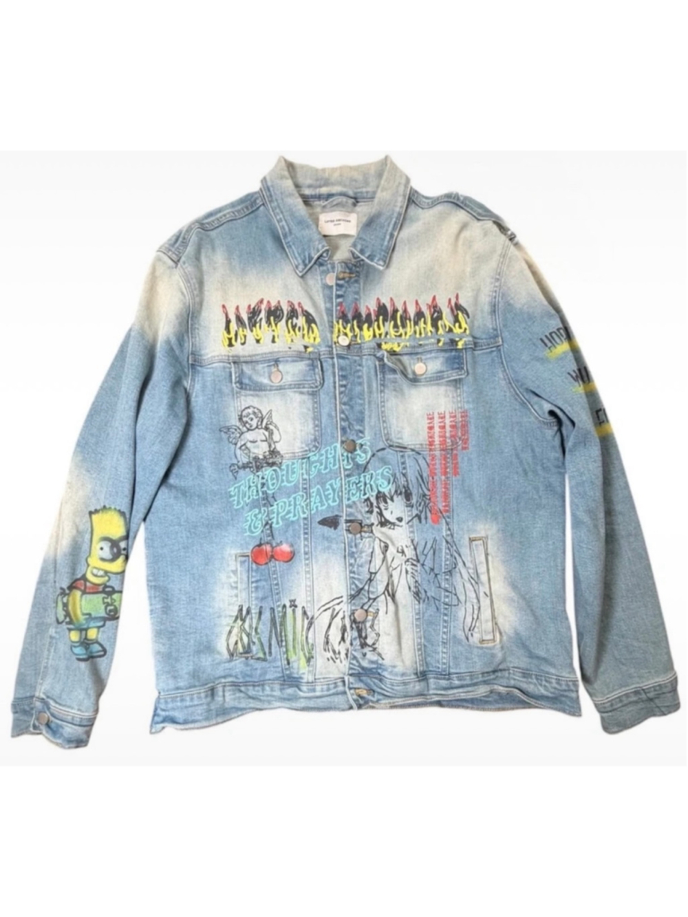 LIFTED ANCHORS Cyber Anime Flame Denim Jacket Y2K Bart Skater Streetwear XL